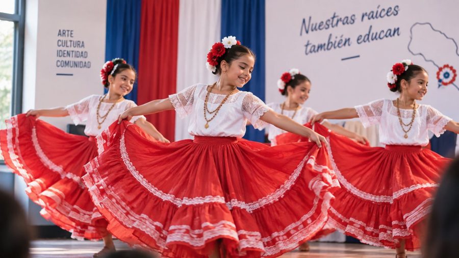 Alumnas bailando danza folclórica paraguaya en el escenario