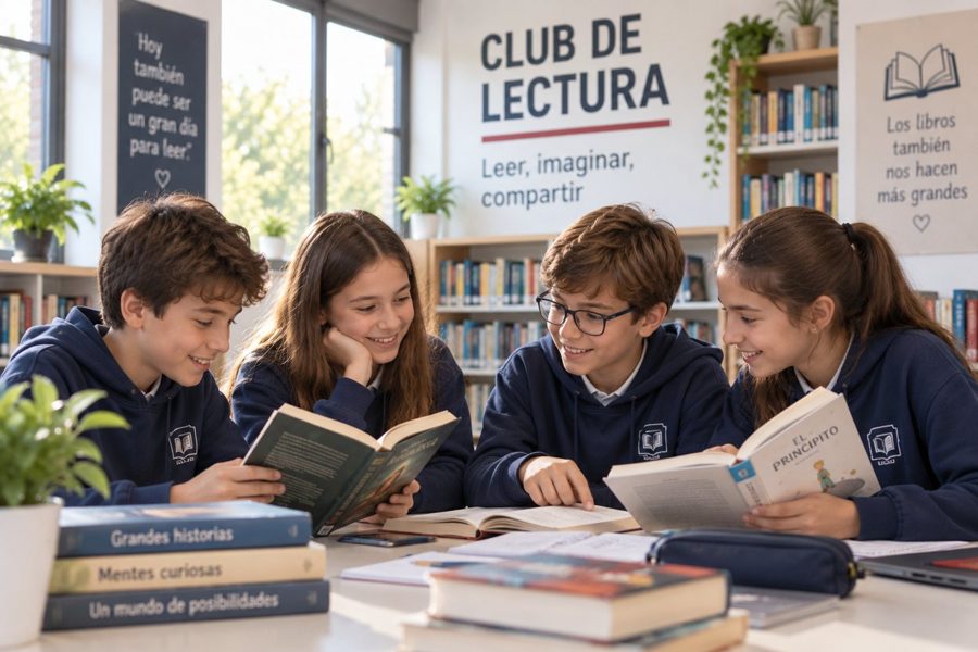 Alumnos leyendo y comentando libros en la biblioteca