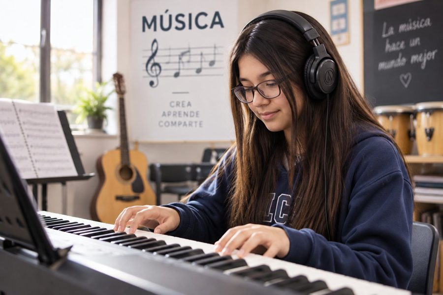 Alumna tocando el teclado en el conservatorio del colegio