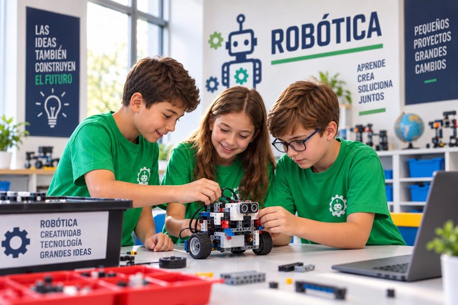 Alumnos armando un robot en el taller de robótica